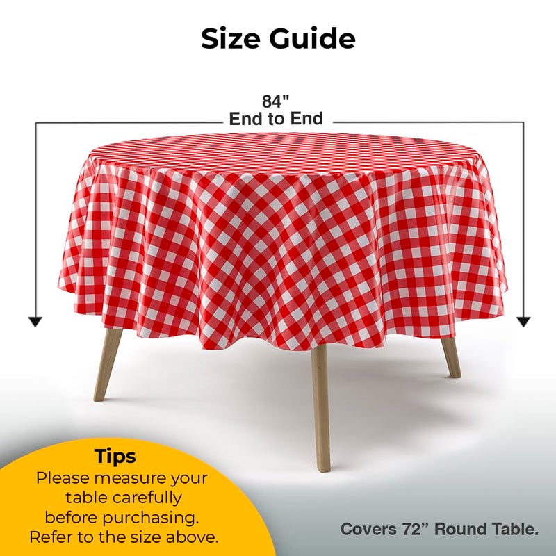 Exquisite Picnic Table Cover - 12 Pack Premium Round Tablecloth - Red & White Checkered BBQ Plastic Table Cover - Gingham Checkerboard Disposable Plastic Tablecloth 84 inch. Round - Image 2